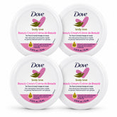 Four round white tubs of Dove Body Love Beauty Cream arranged in a 2x2 grid on a white background.