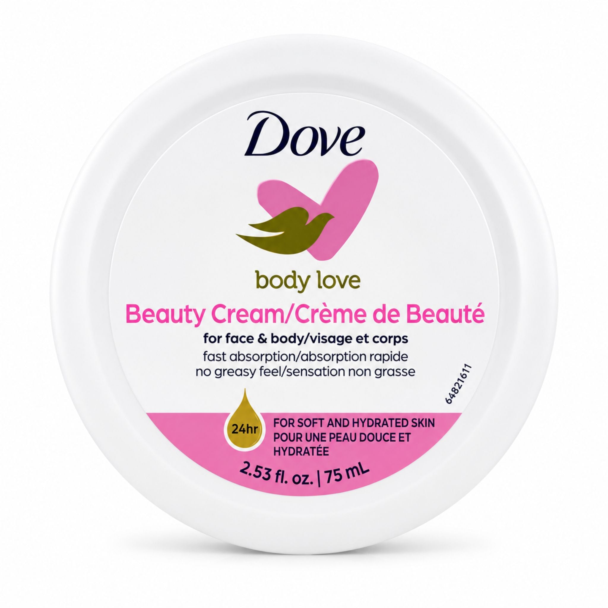 Dove Body Love Beauty Cream in a round white plastic jar with a white lid, featuring the pink Dove logo and branding on a clean white background.