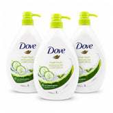 Three bottles of Dove Fresh Touch Refreshing Body Wash arranged in a triangular formation on a white background.