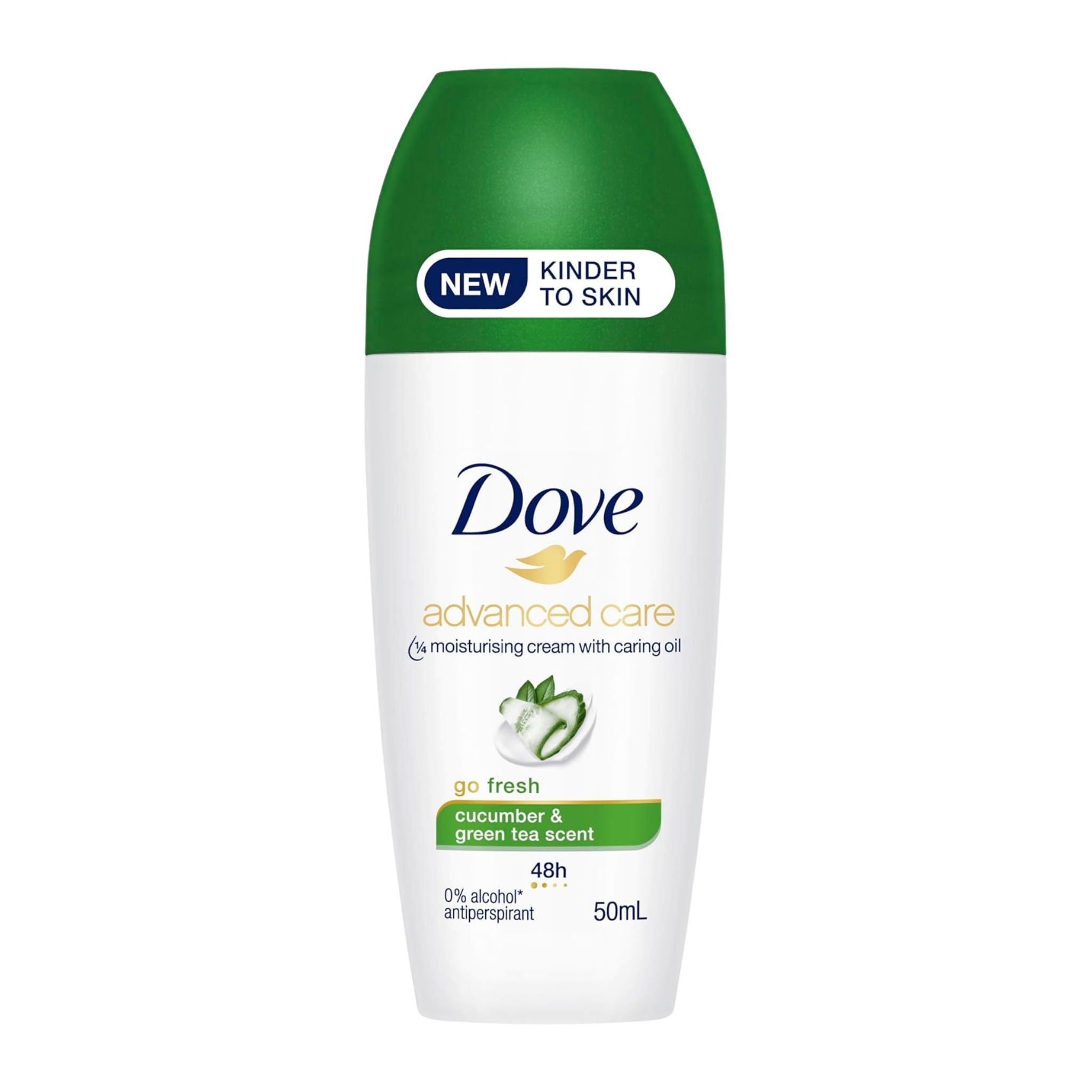 Dove deodorant bottle with green cap on a white background