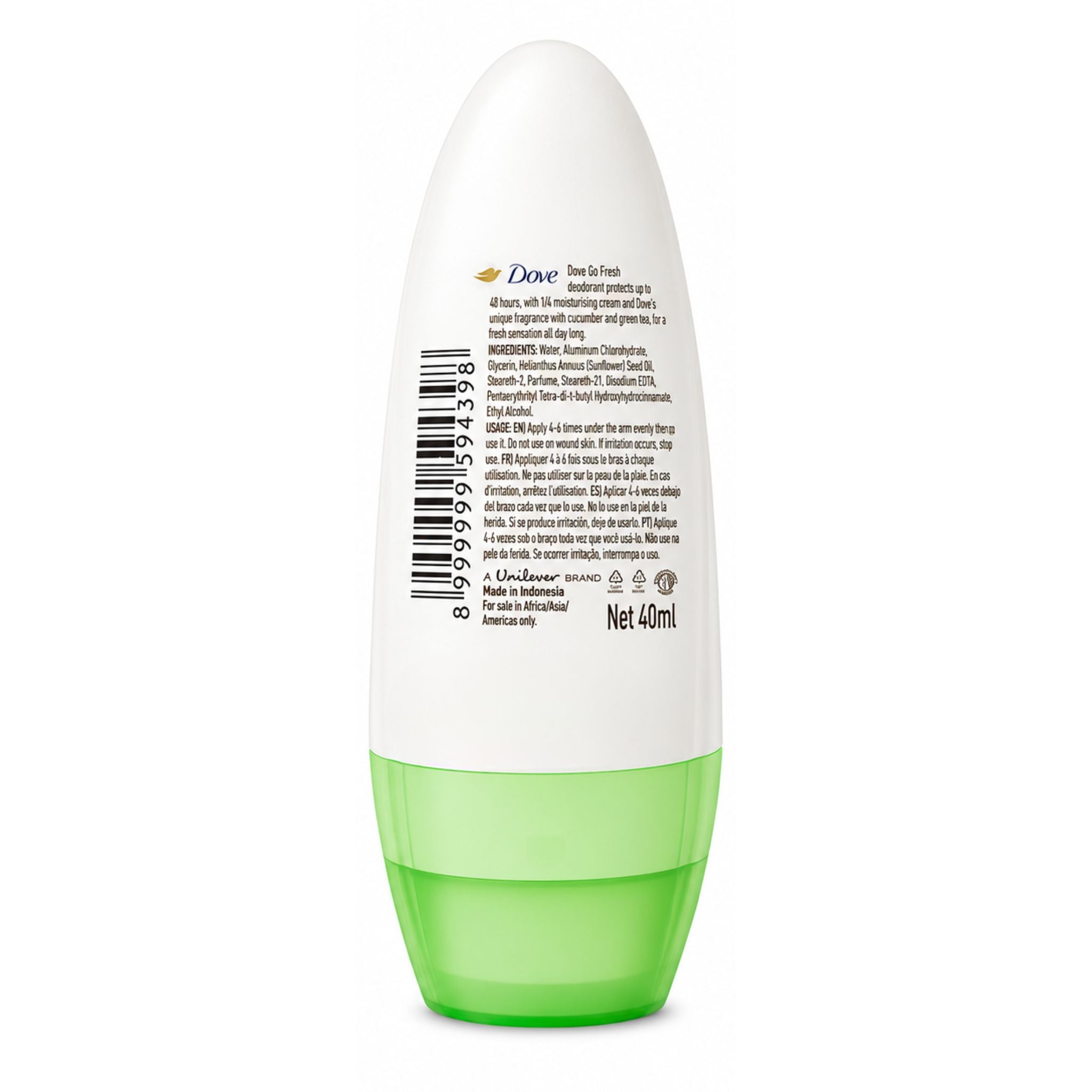 Dove deodorant roll-on bottle with green cap on a white background