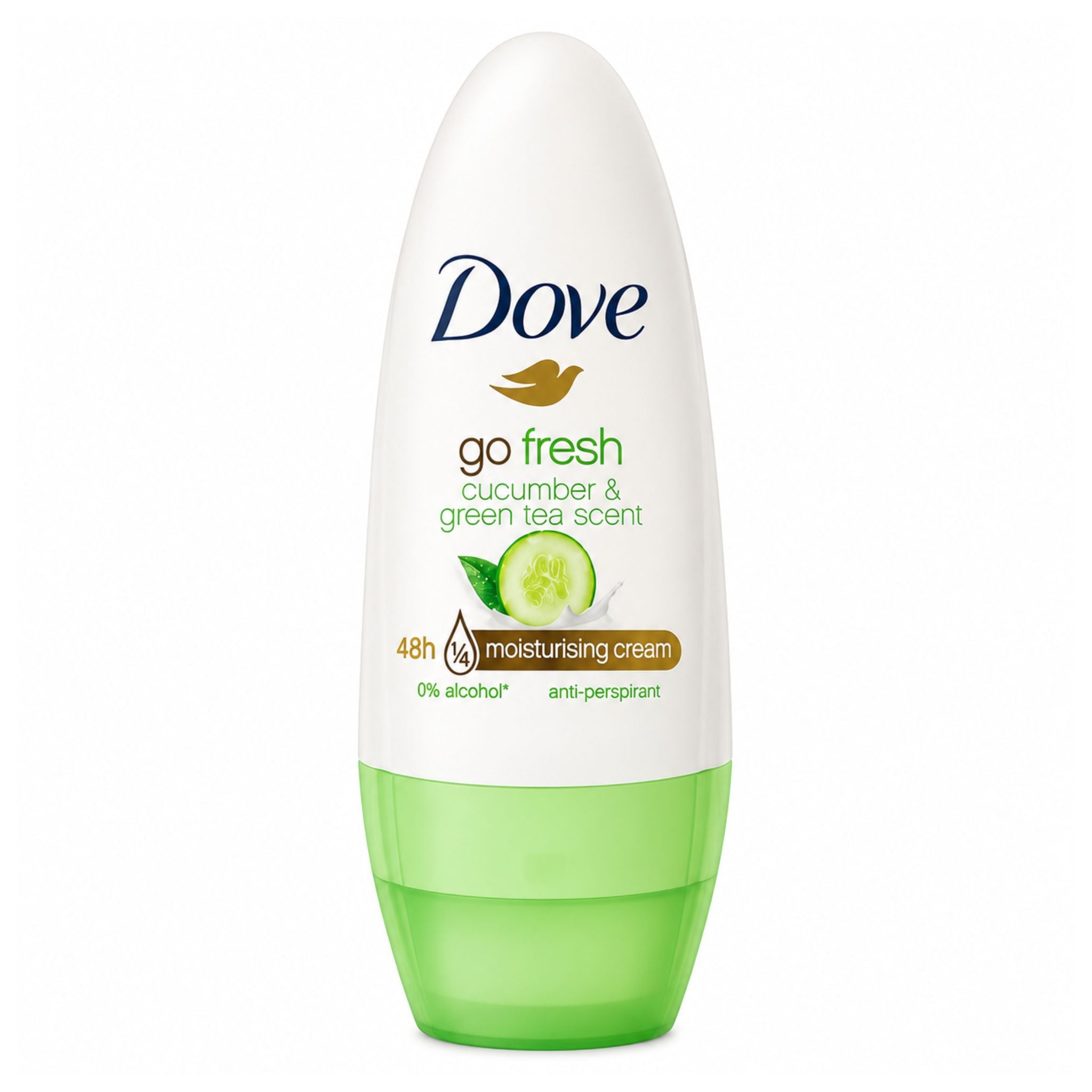 Dove go fresh cucumber & green tea scent deodorant bottle on a white background