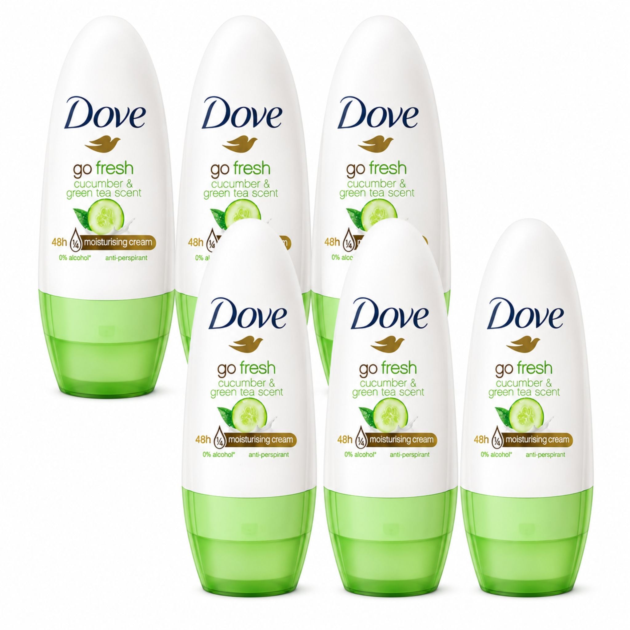 Four Dove go fresh cucumber & green tea deodorant bottles on a white background