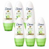 Four Dove go fresh cucumber & green tea deodorant bottles on a white background