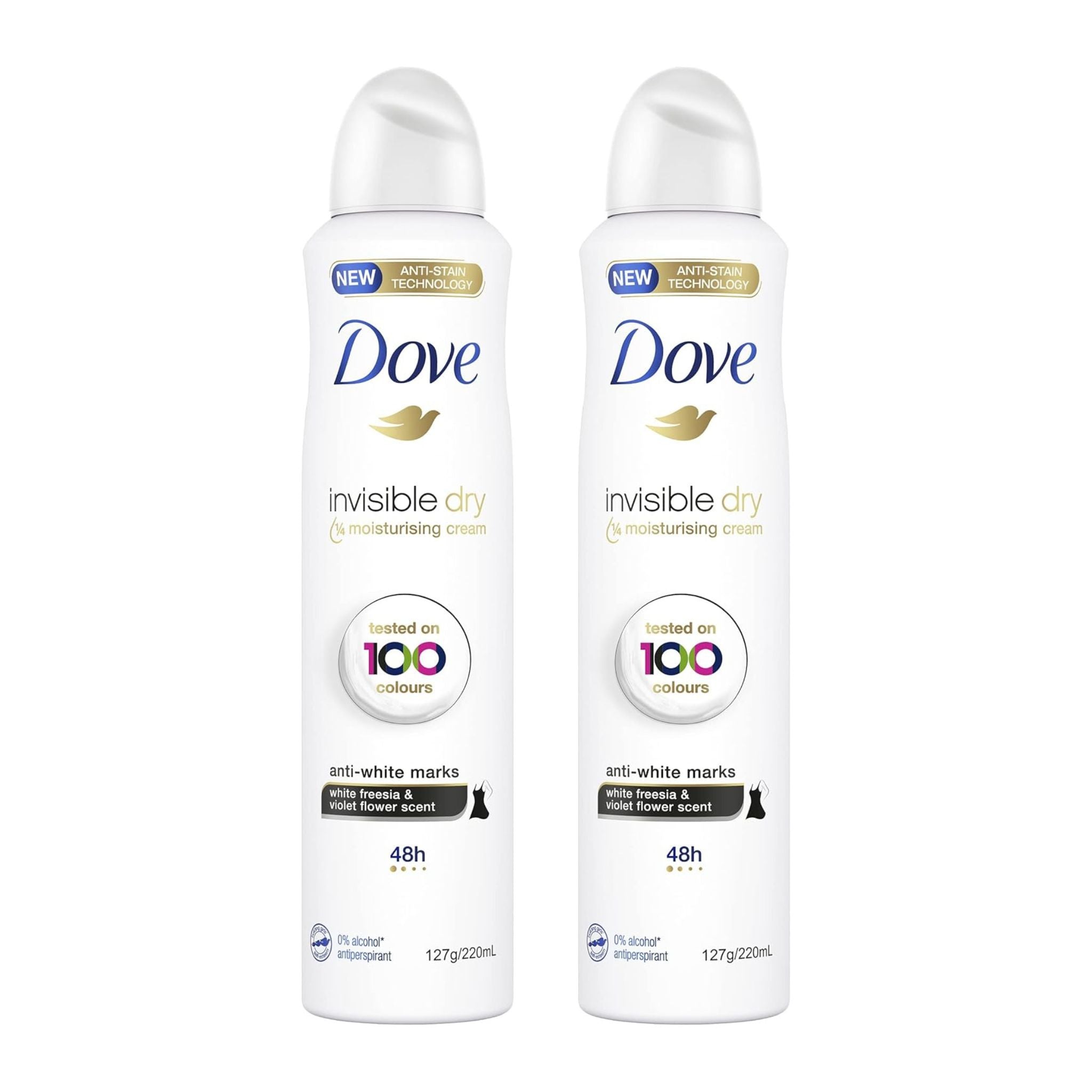 Two bottles of Dove invisible dry antiperspirant on a white background
