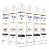 Six bottles of Dove invisible dry antiperspirant on a white background