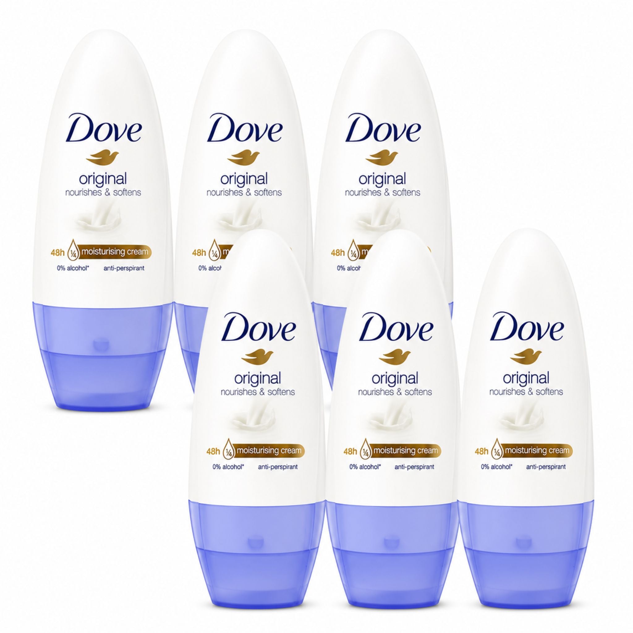 Four Dove deodorant bottles on a white background