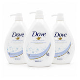 Three white bottles of Dove Pampering Body Wash arranged in a row against a white background, with the center bottle in front and the side bottles slightly behind it.