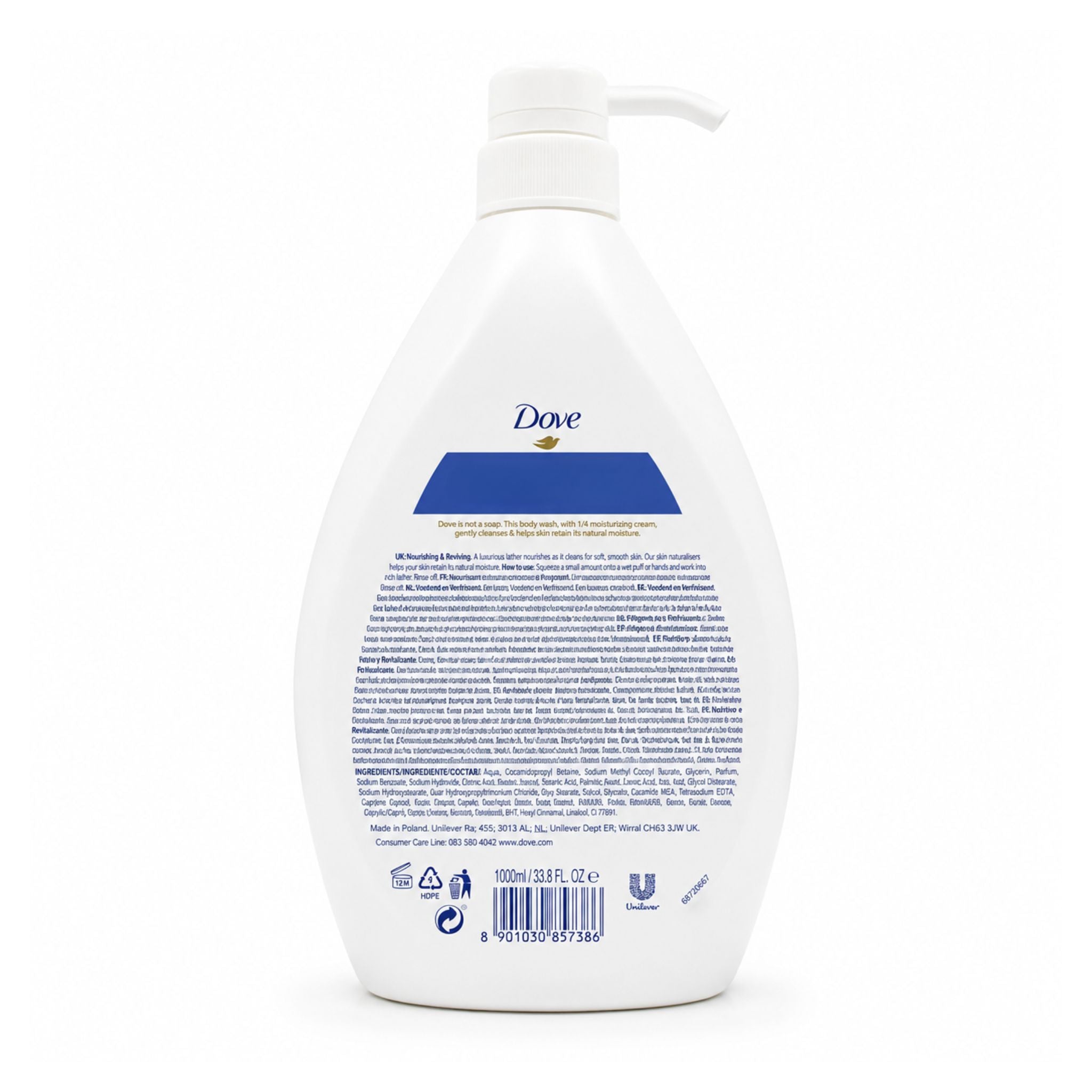 A 500ml white plastic pump bottle of Dove body wash, showing the back label with blue text and a blue accent block on a white background.