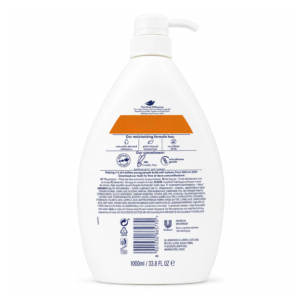 The back of a 1000ml white pump bottle of The Body Shop hair product, featuring blue text, icons, and an orange accent bar, on a white background.