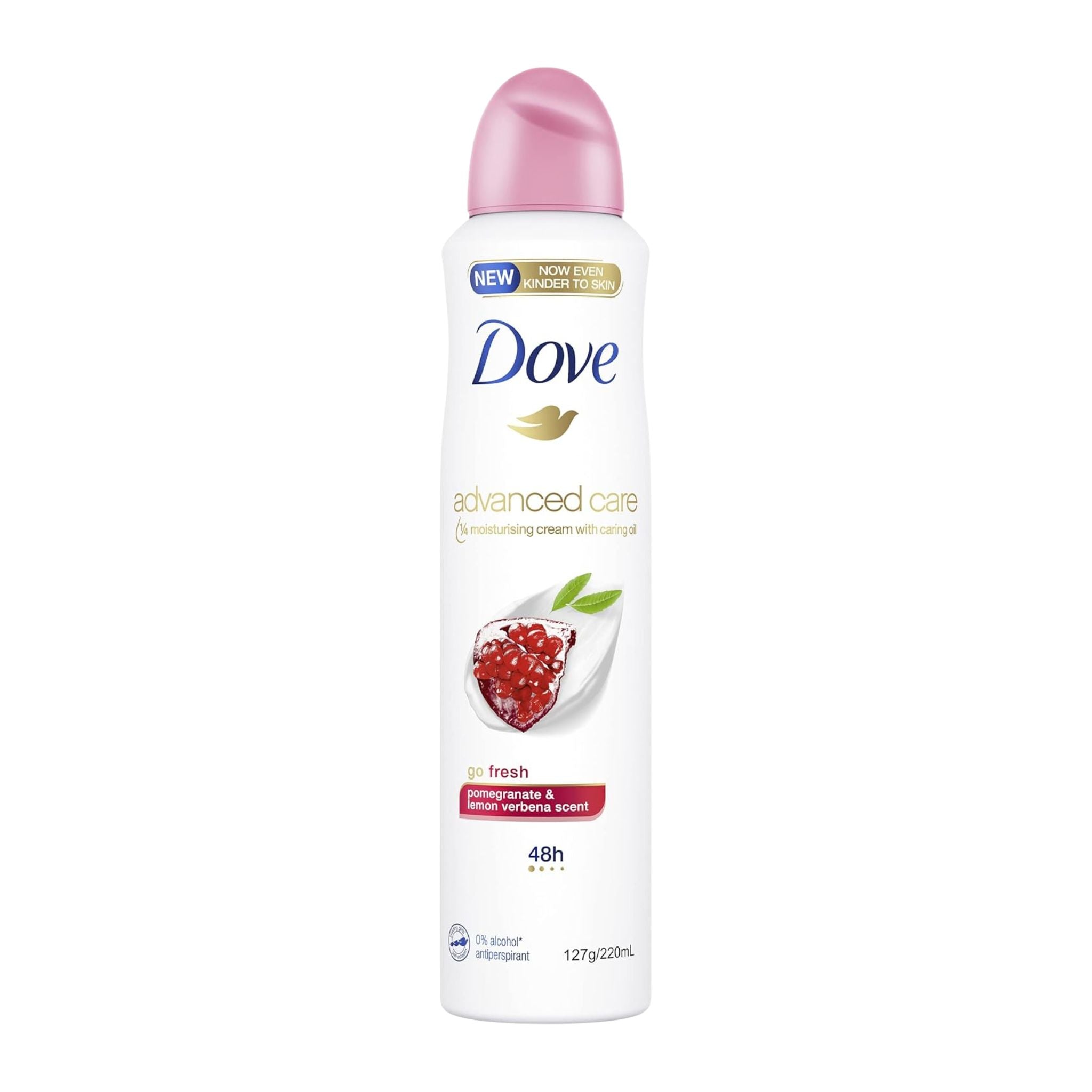 Dove deodorant spray bottle with pink cap on a white background