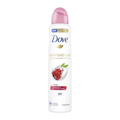 Dove deodorant spray bottle with pink cap on a white background