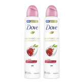Two bottles of Dove Advanced Care deodorant with pink caps on a white background