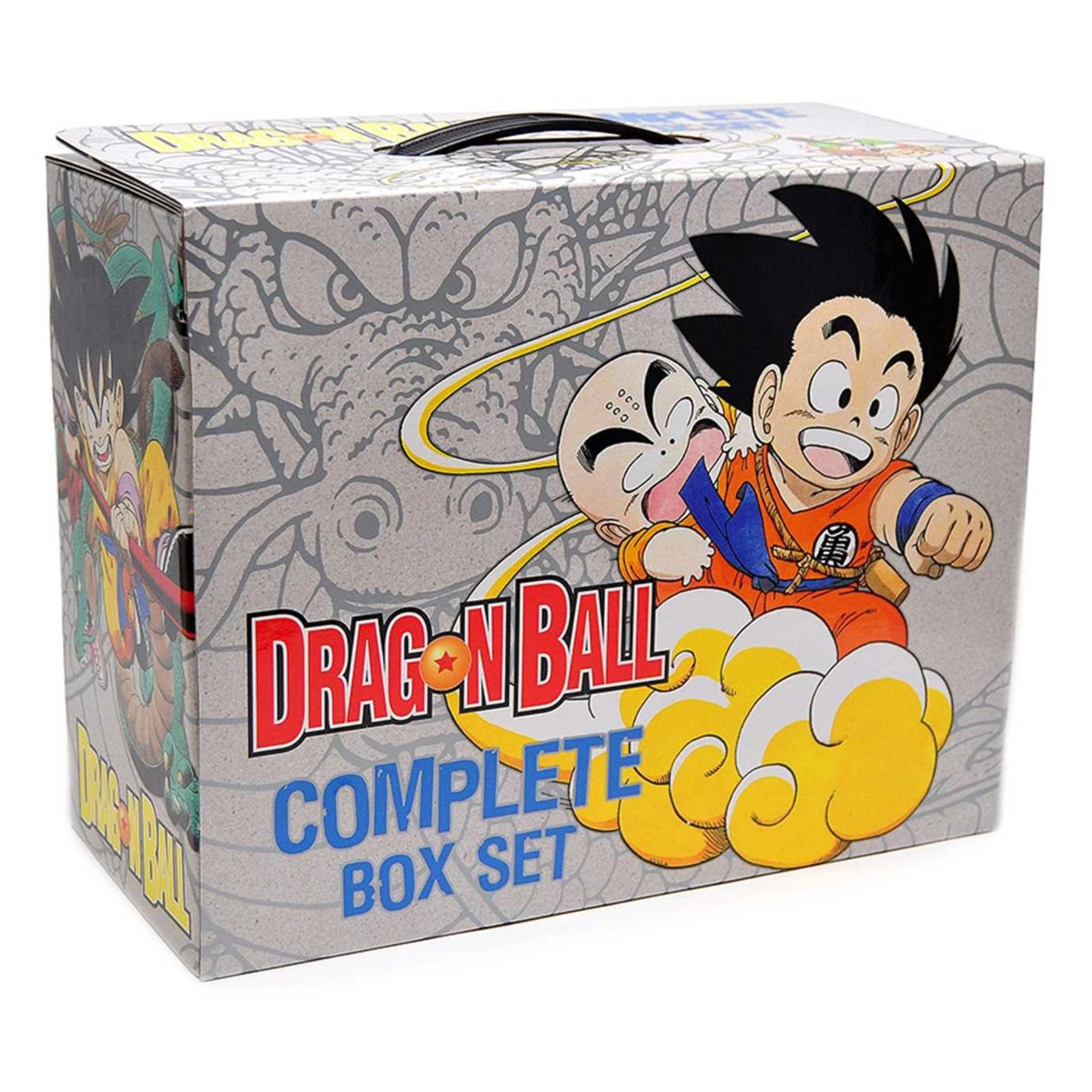 Dragon Ball Complete Box Set retail packaging featuring illustrated characters Goku and Vegeta on a gray box with colorful Dragon Ball branding.