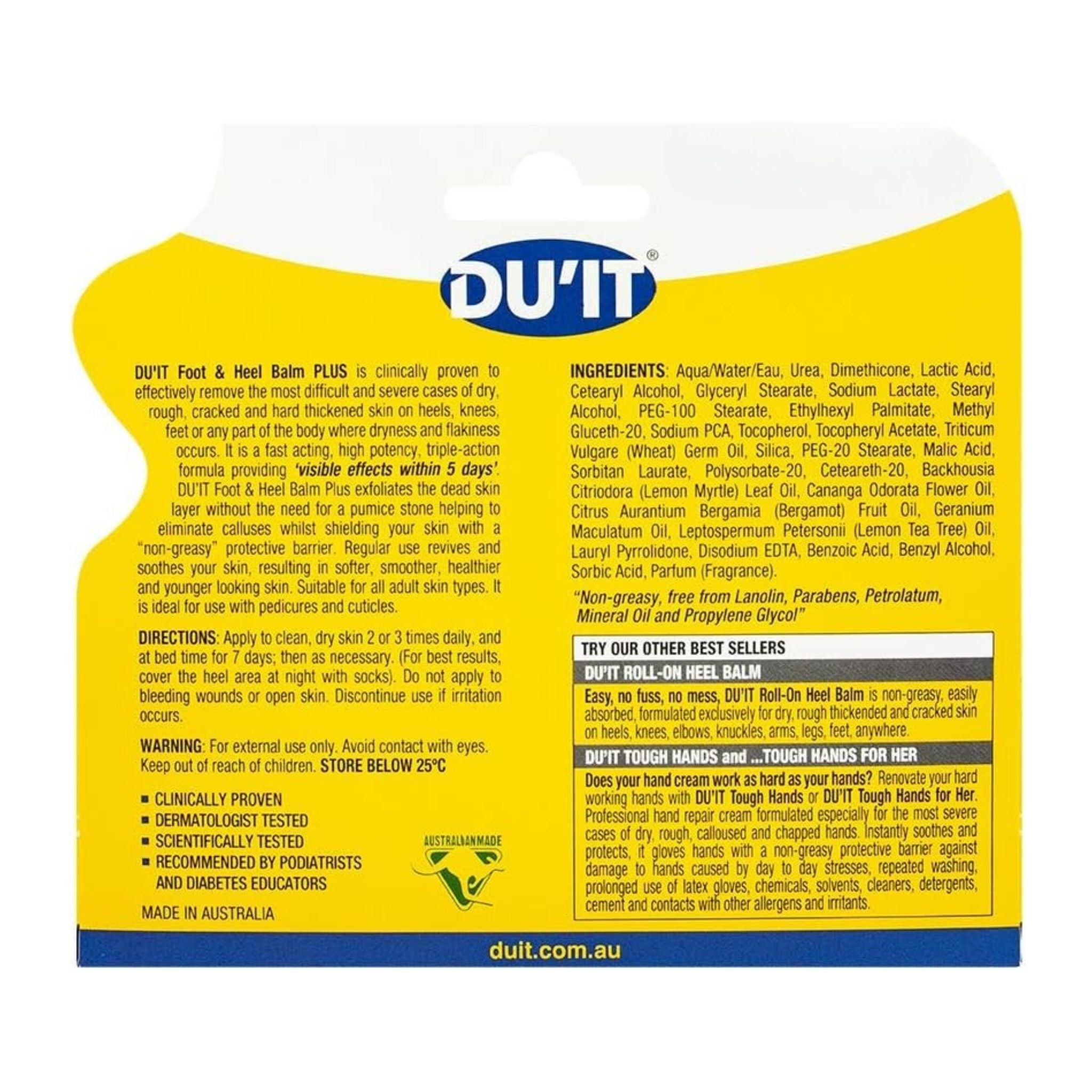 DU'IT Foot & Heel Balm Plus 50g – Back of product box with usage and ingredients.