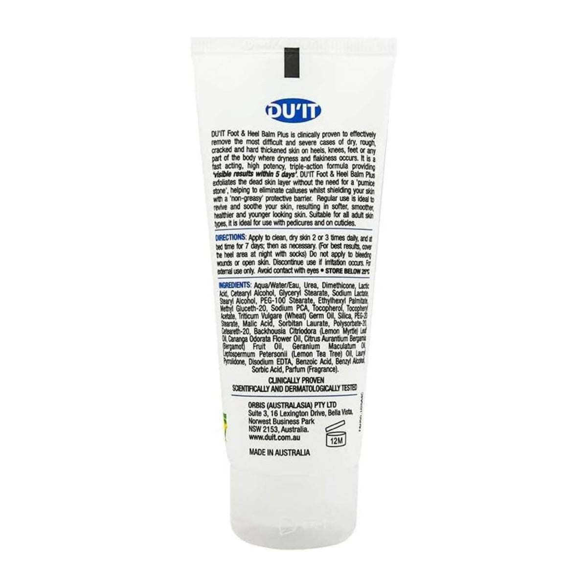 DU'IT Foot & Heel Balm Plus 50g – Back of tube showing ingredients and directions.