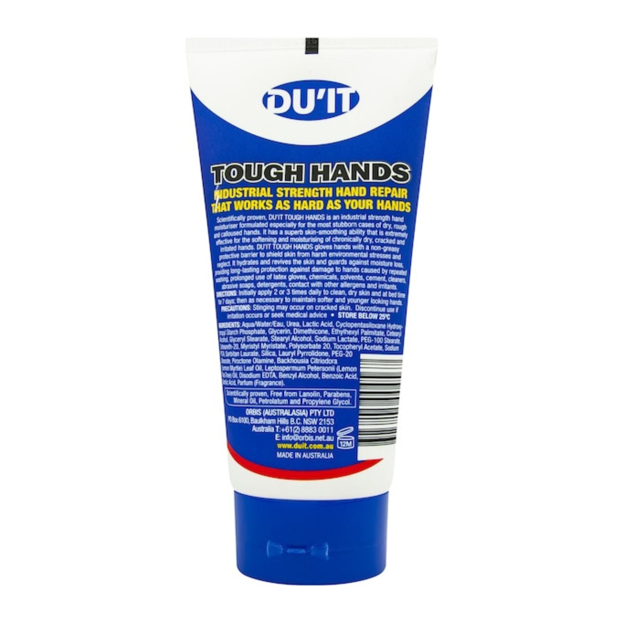 DU'IT Tough Hands Intensive Hand Cream 150g – Ingredients and usage instructions on back.