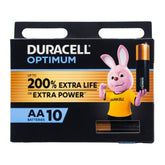 Pack of Duracell Optimum AA batteries with a cartoon rabbit character on a white background