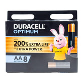 Duracell Optimum AA batteries packaging with a cartoon rabbit character on a white background