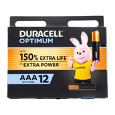 Duracell Optimum AAA batteries packaging with a cartoon rabbit character on a white background