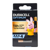 Pack of Duracell Optimum AAA batteries with cartoon rabbit character on a white background
