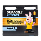Pack of Duracell Optimum AAA batteries with cartoon rabbit character on a white background