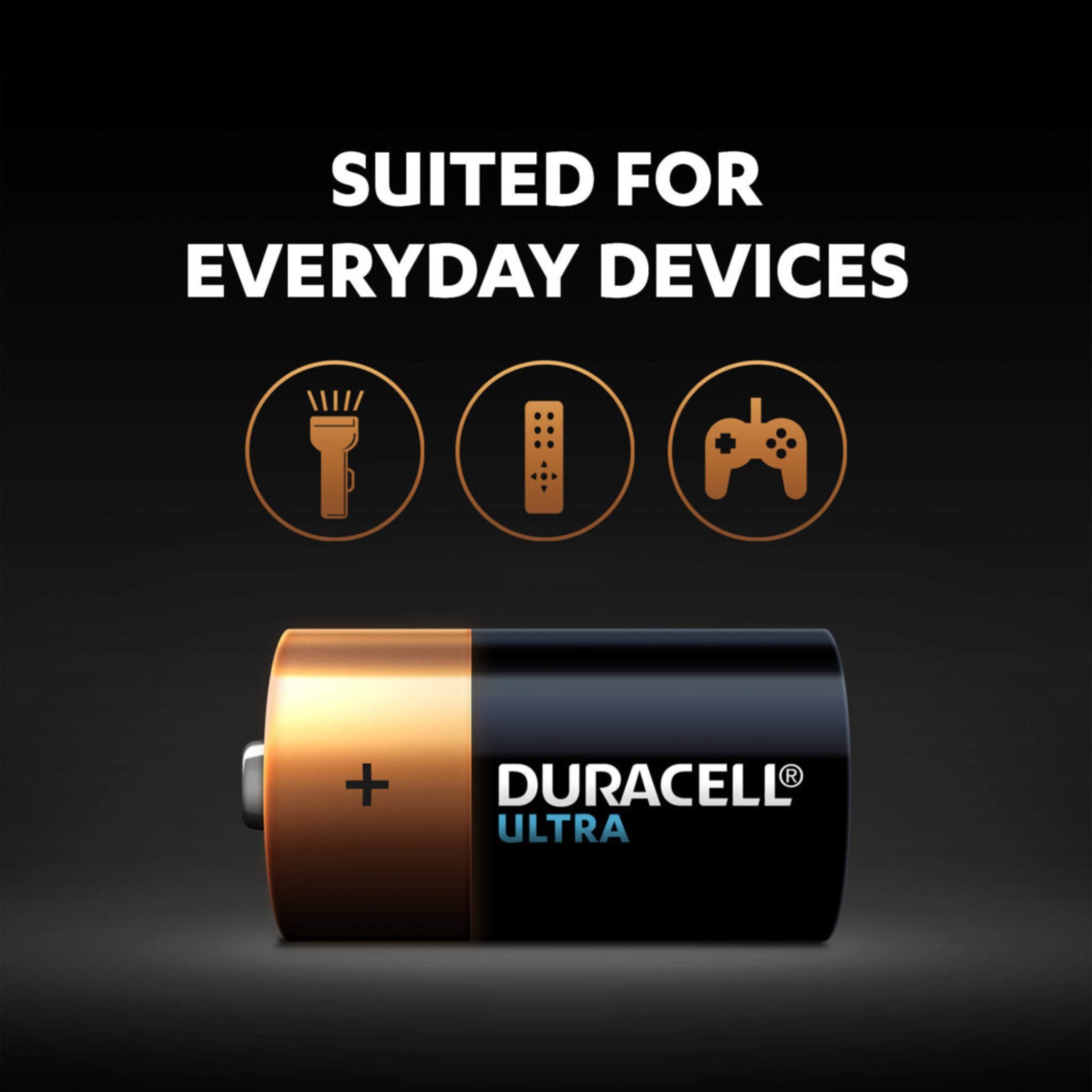 Duracell Ultra battery with icons of everyday devices on a black background