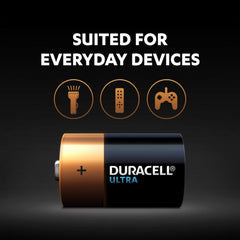 Duracell Ultra battery with icons of everyday devices on a black background