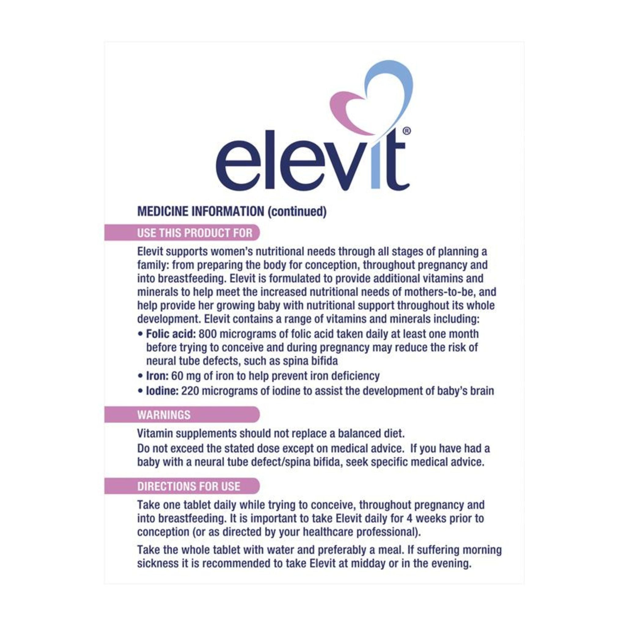 Back view showing nutritional information of Elevit Pre-conception & Pregnancy 100 Tablets