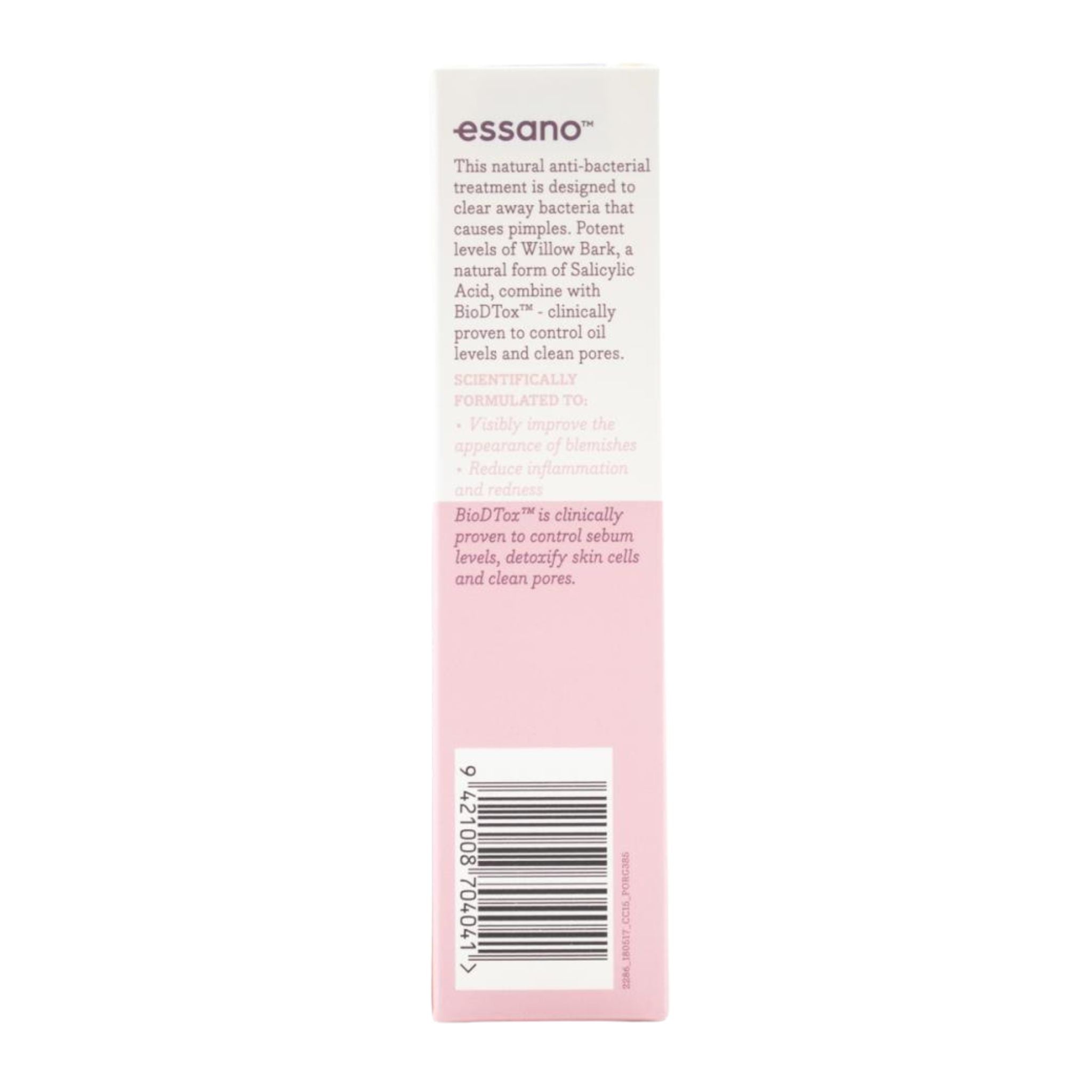 Back of a pink skincare product packaging with 'essano' branding and text.