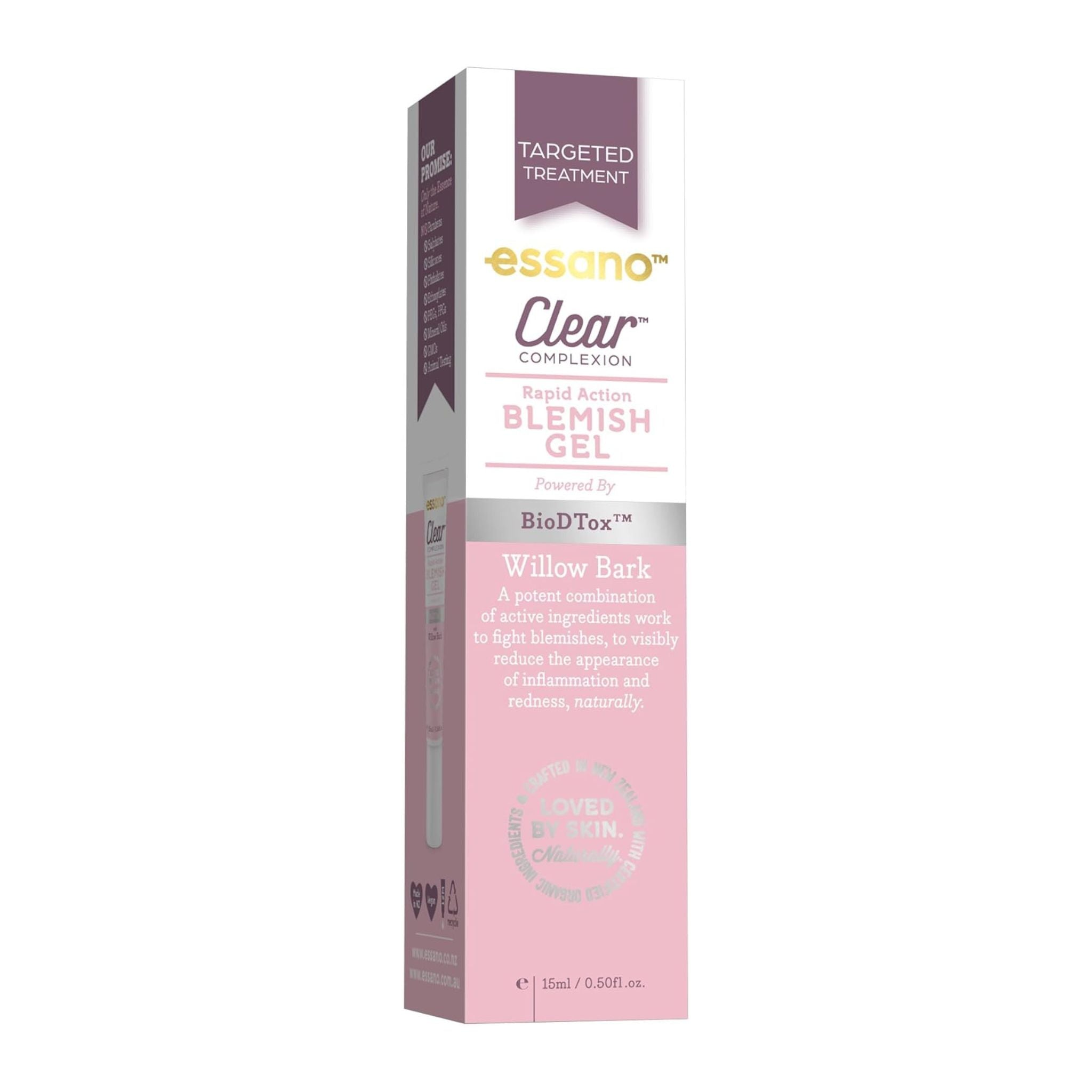 Essano Clear Complexion Blemish Gel packaging on a white background