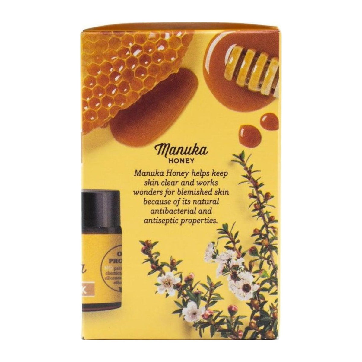 Manuka honey packaging with floral design and text on a white background