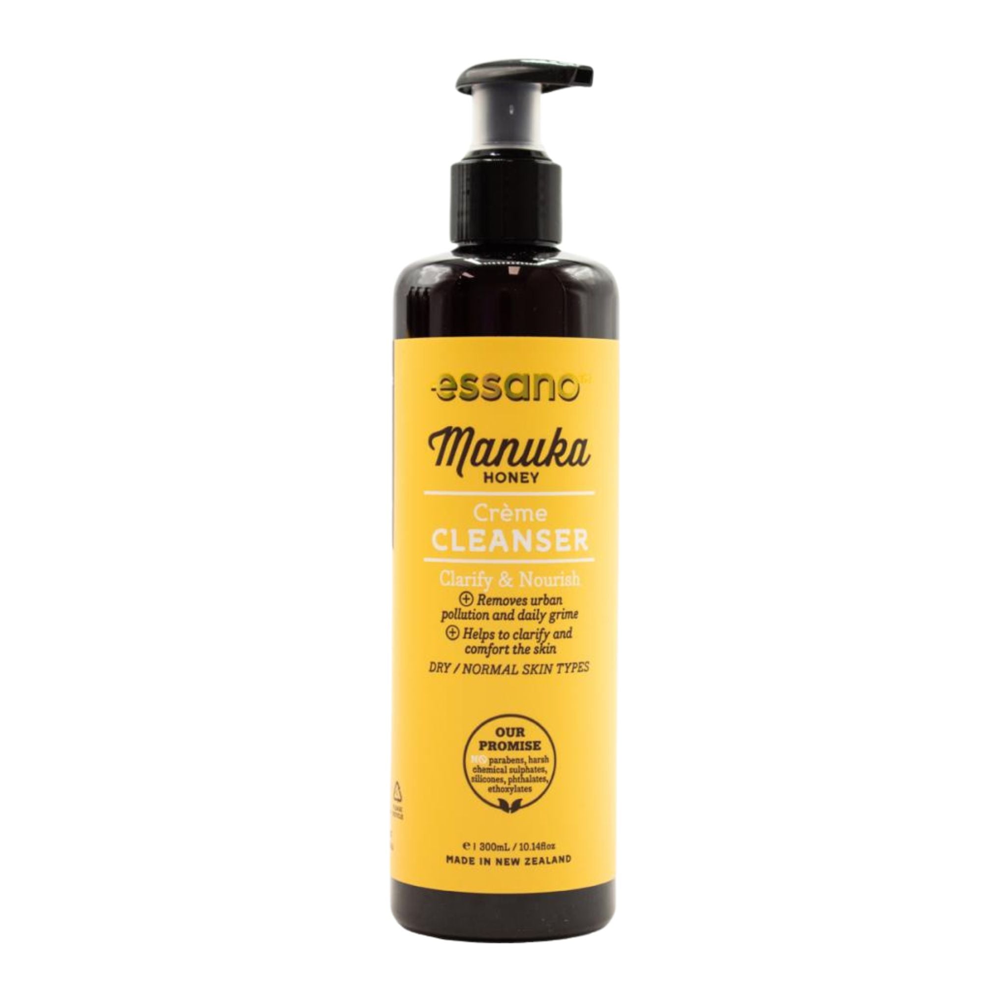 Yellow bottle of essano Manuka Honey Crème Cleanser on a white background