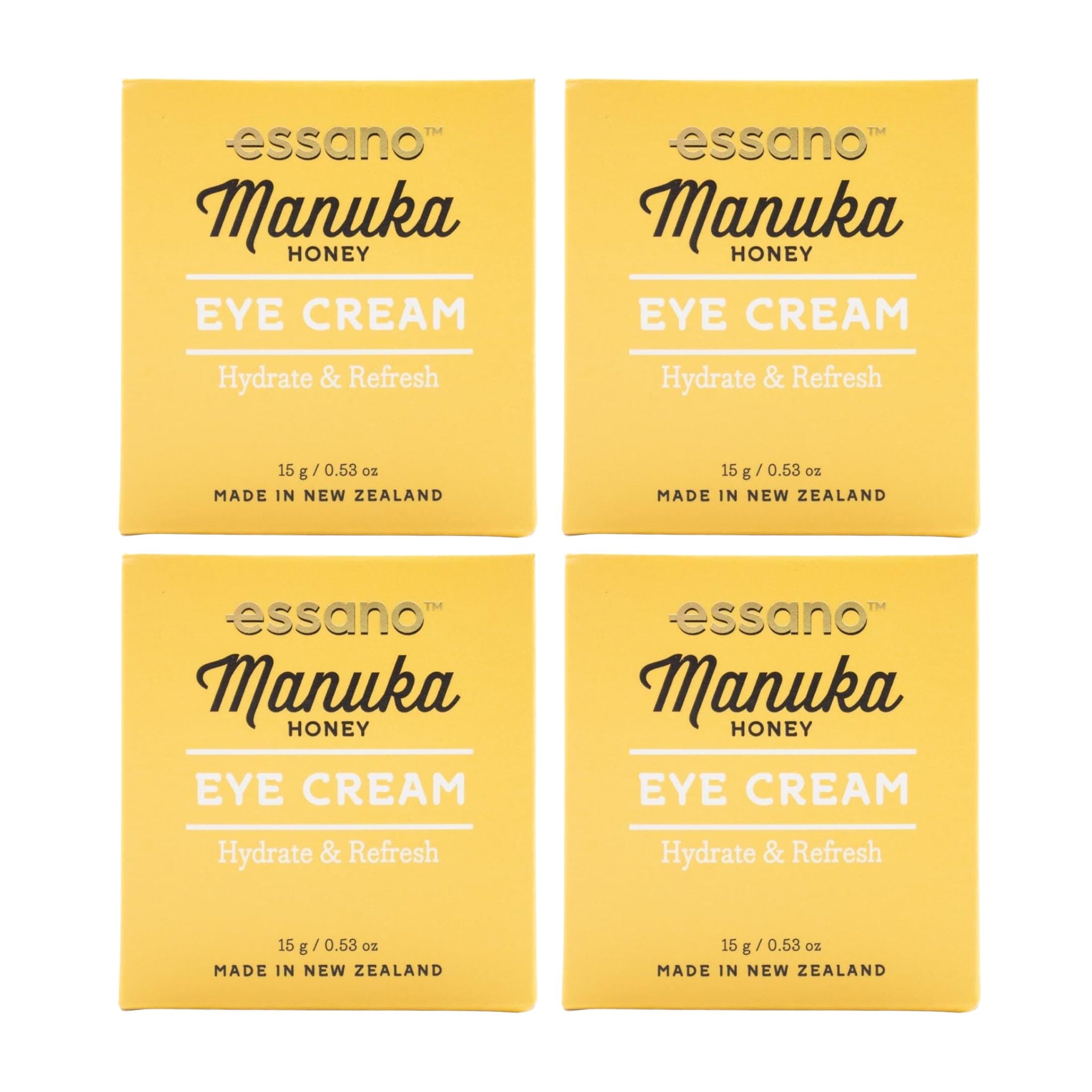 Four boxes of essano Manuka Honey Eye Cream on a white background