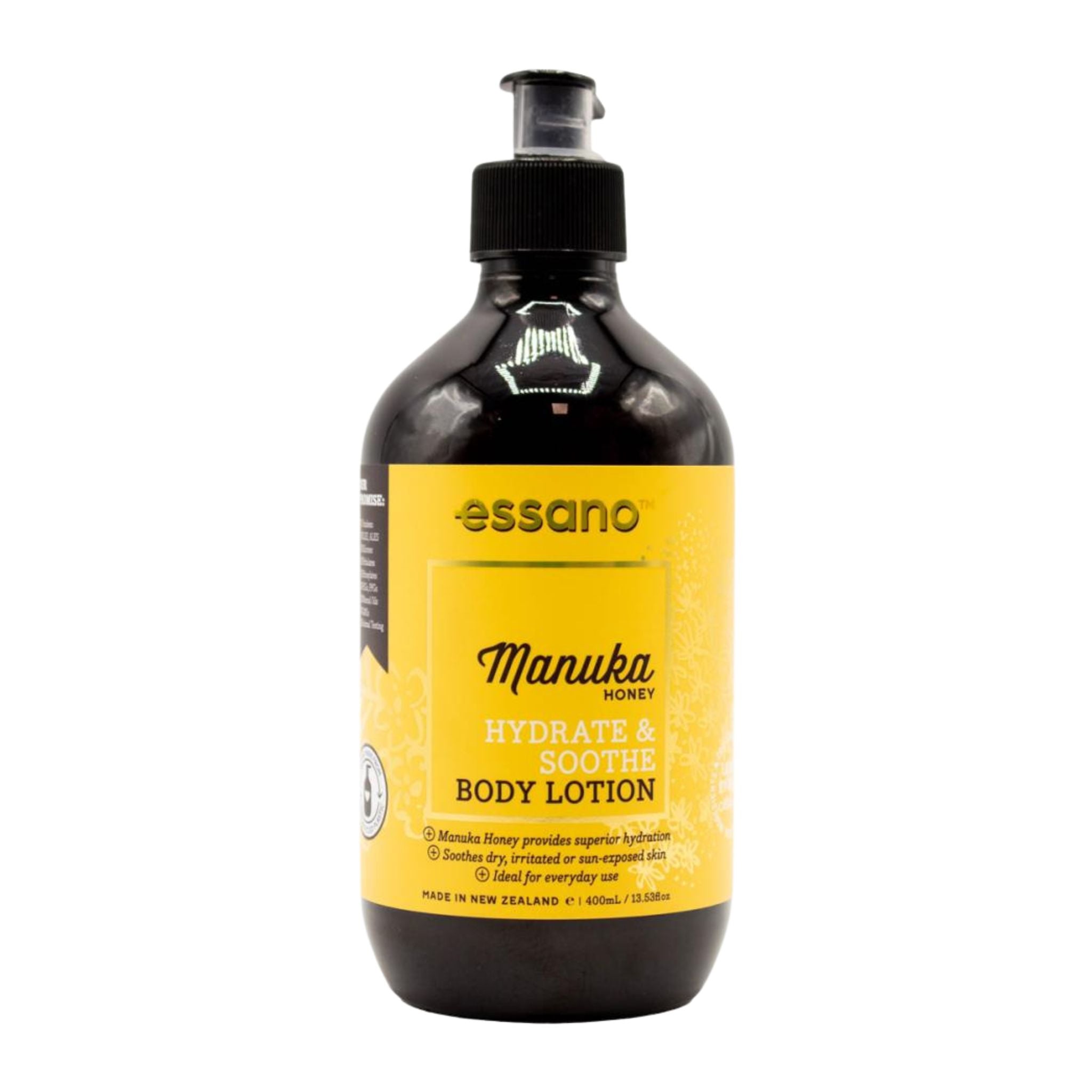 Black bottle of essano Manuka Honey Hydrate & Soothe Body Lotion on a white background