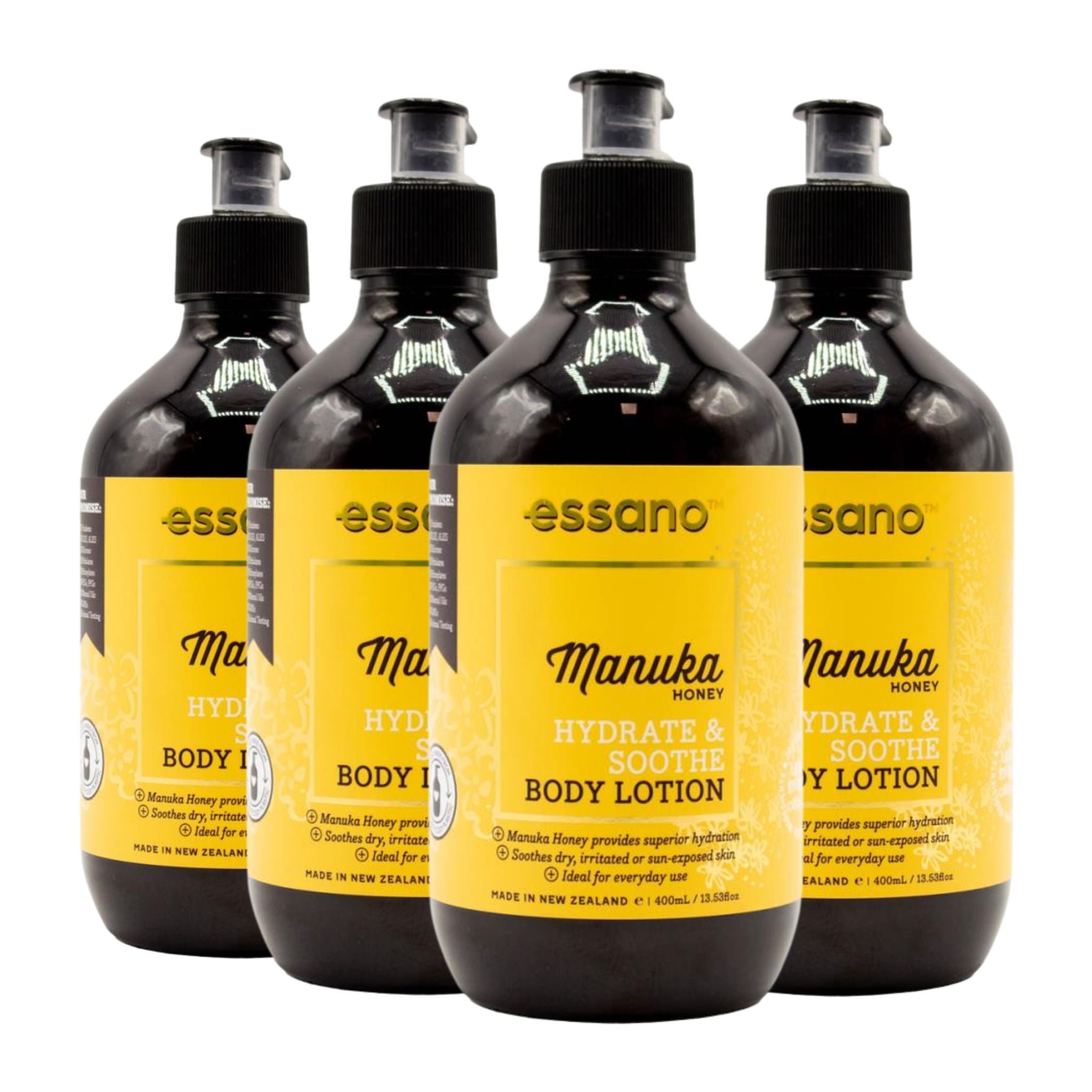 Four bottles of essano Manuka Honey Hydrate & Soothe Body Lotion on a white background