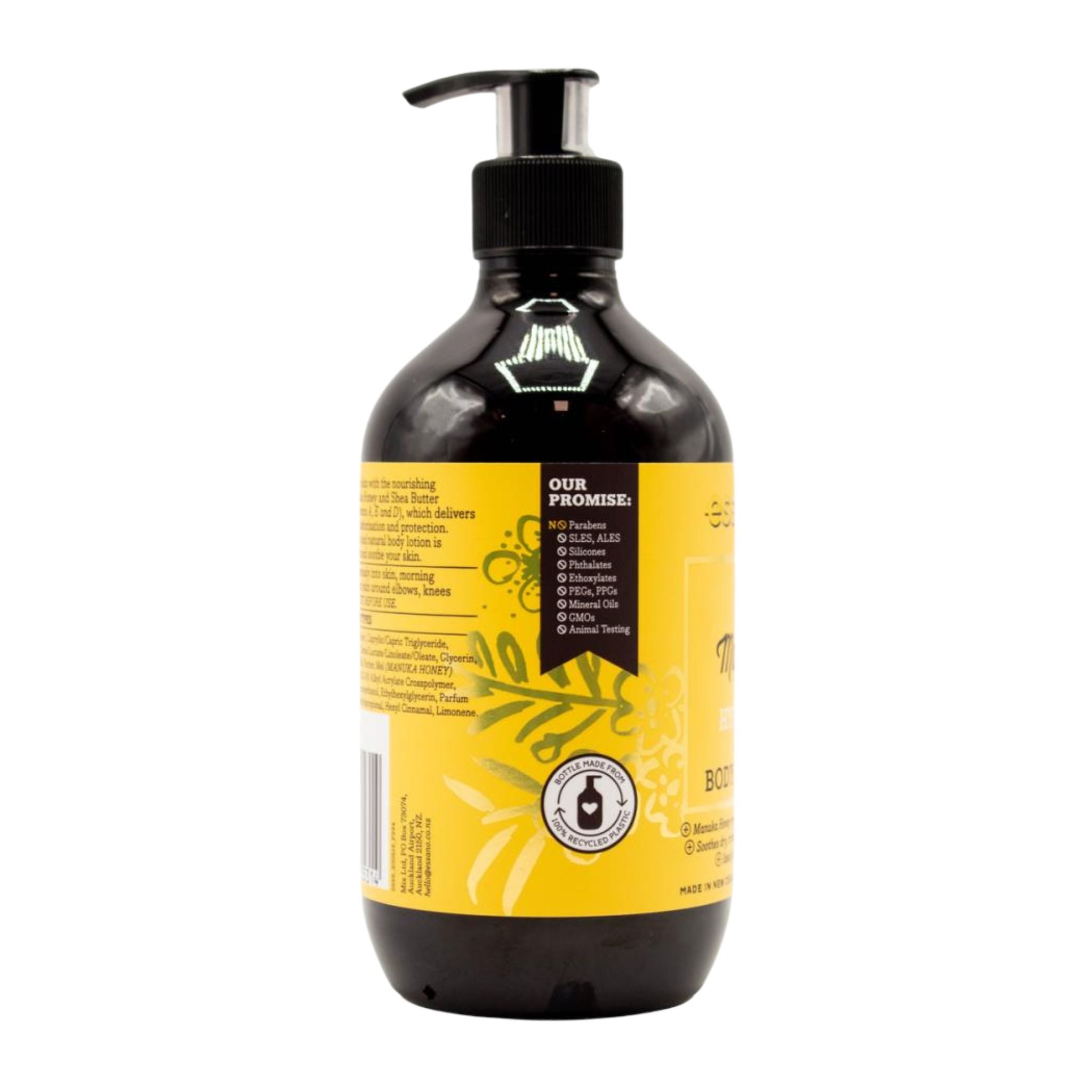 Bottle with yellow label and black pump on a white background