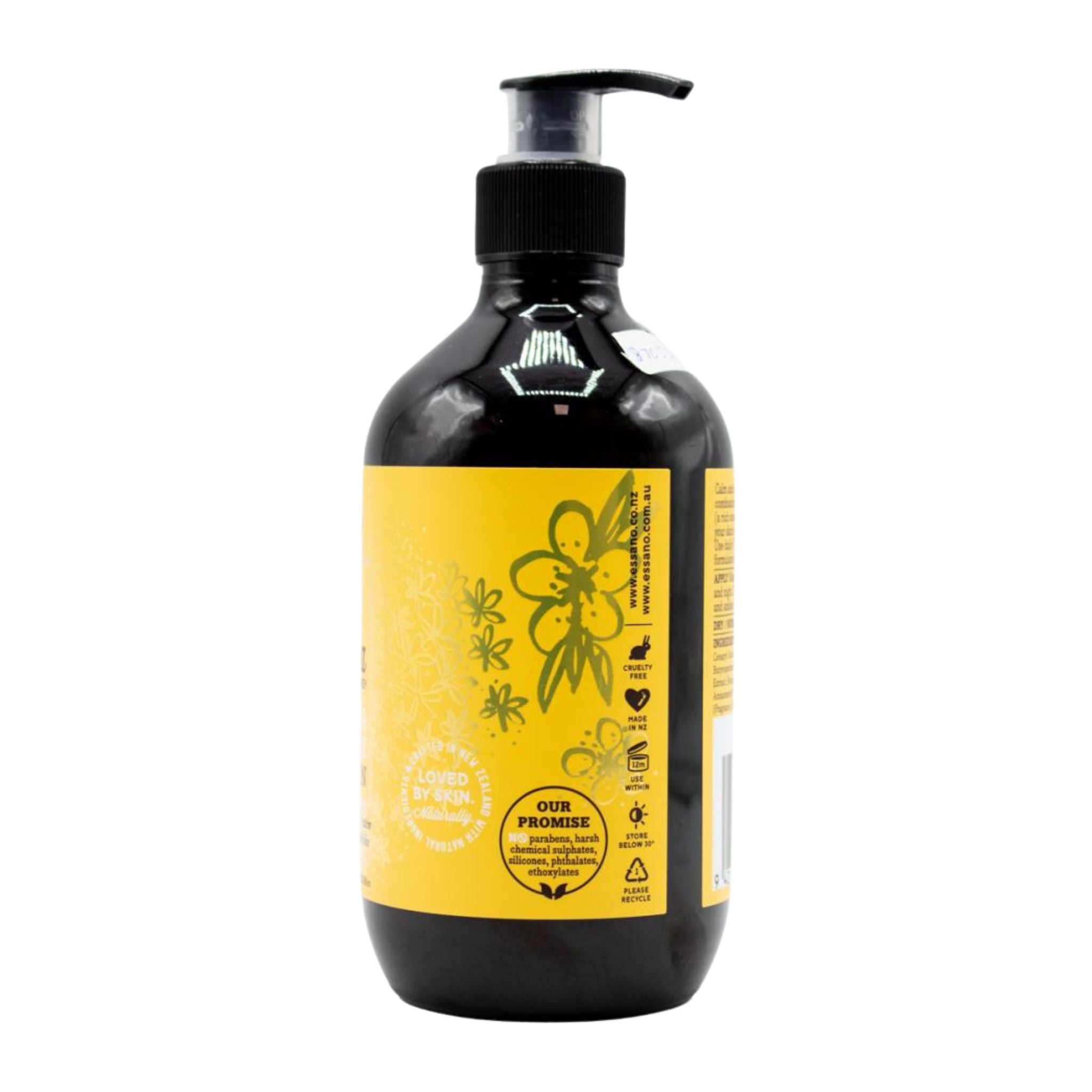 Bottle with black pump and yellow label on a white background