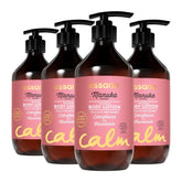 Four bottles of Essano Manuka Honey Body Lotion on a white background