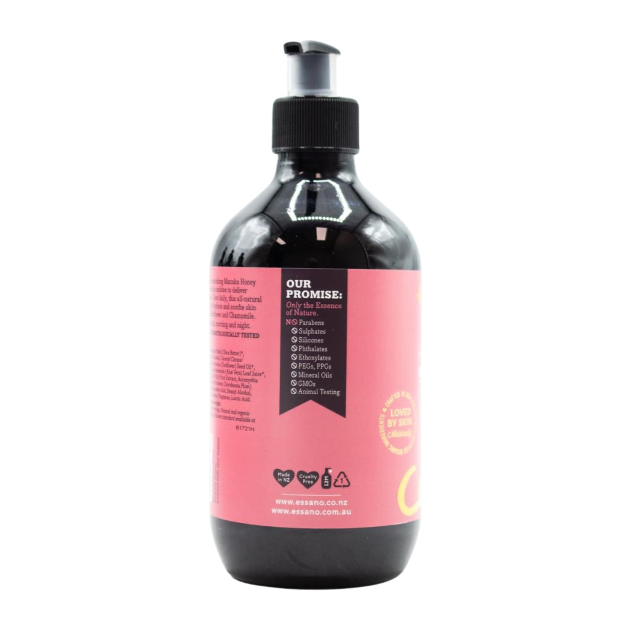 Side profile showcasing the bottle's shape and pump dispenser