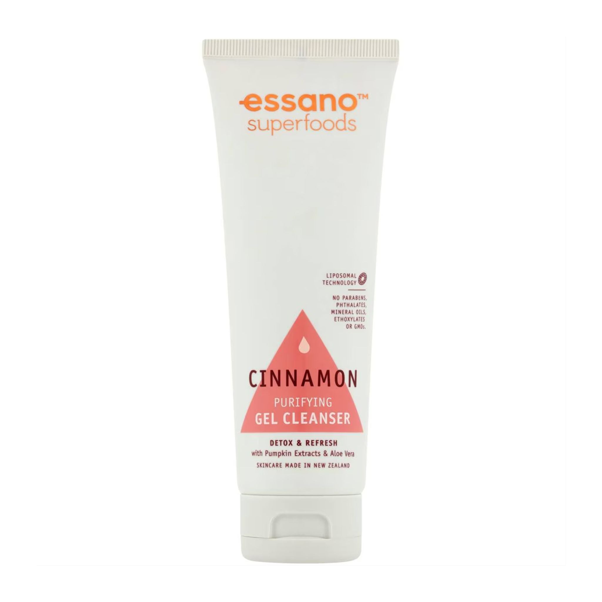 Tube of essano Superfoods Cinnamon Purifying Gel Cleanser on a white background