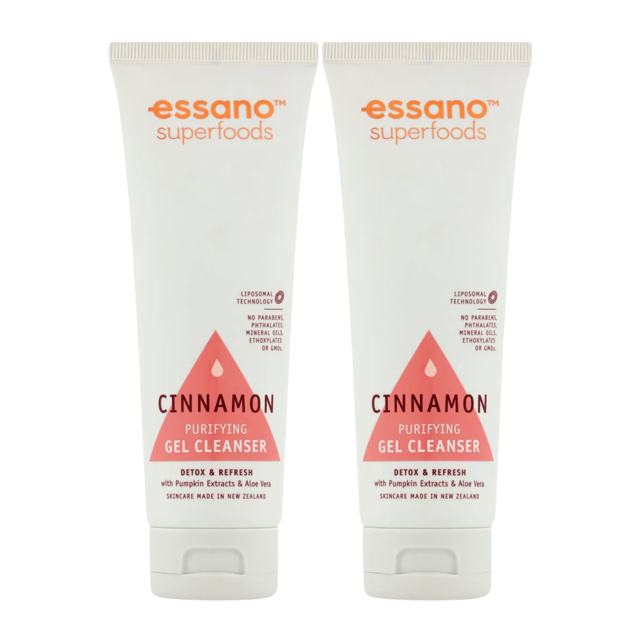 Two tubes of essano Superfoods Cinnamon Purifying Gel Cleanser on a white background