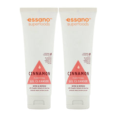 Two tubes of essano Superfoods Cinnamon Purifying Gel Cleanser on a white background