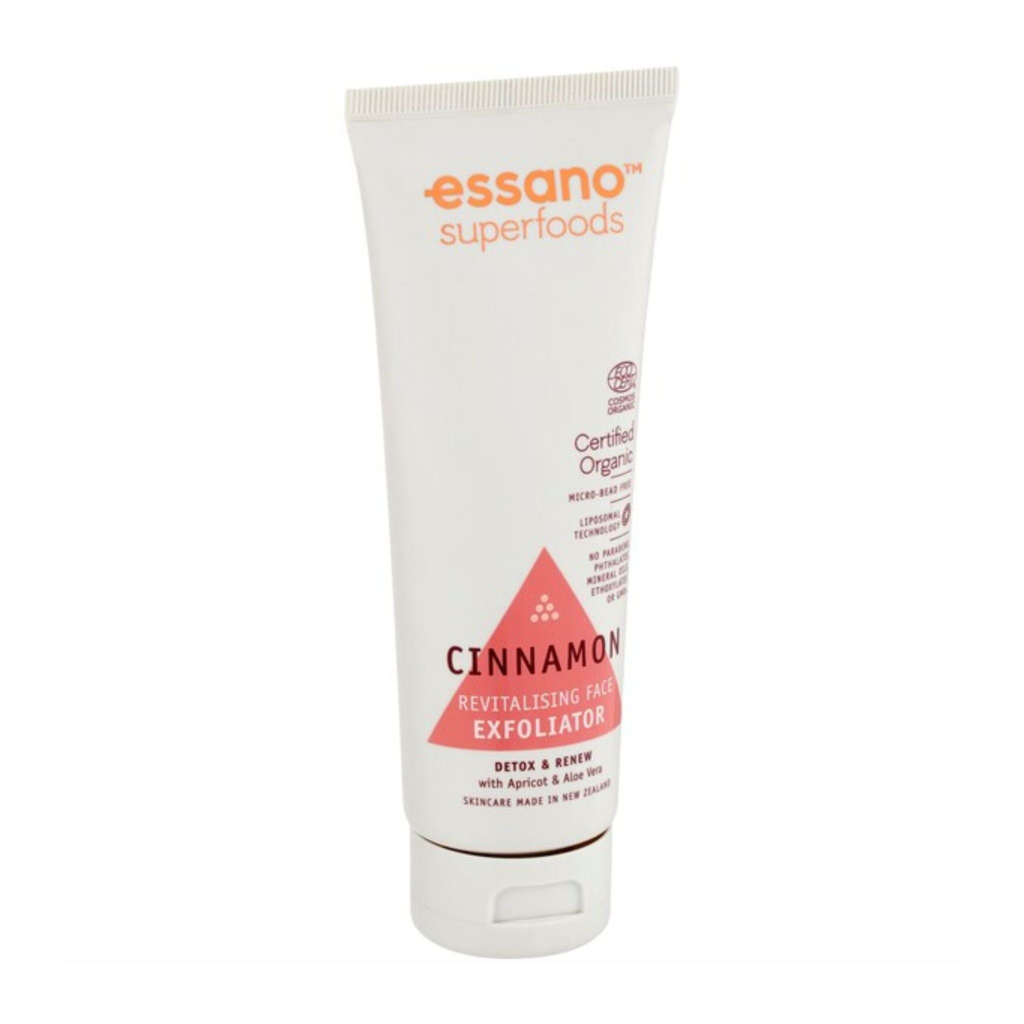 Tube of essano Superfoods Cinnamon Revitalising Face Exfoliator on a white background