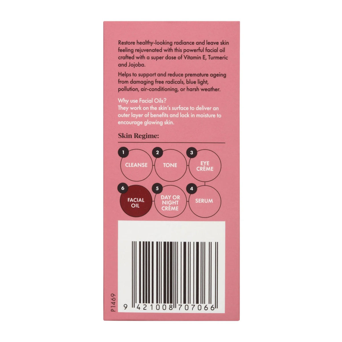 Pink skincare product label with text and a barcode on a white background