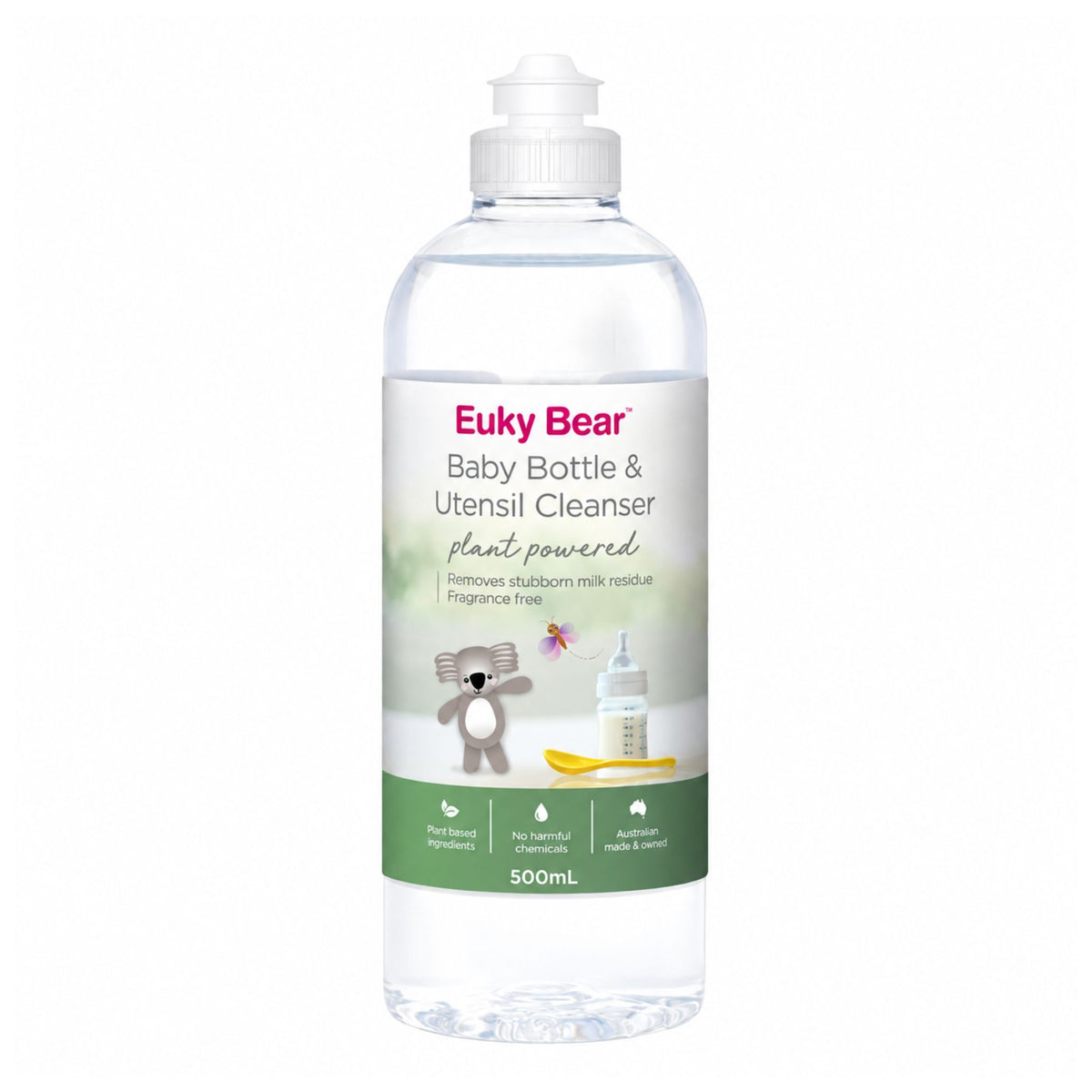 Front view of a 500mL bottle of Euky Bear Baby Bottle Utensil Cleanser Fragrance Free