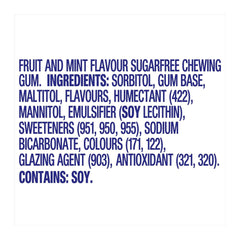 List of ingredients for fruit and mint flavor sugarfree chewing gum on a white background