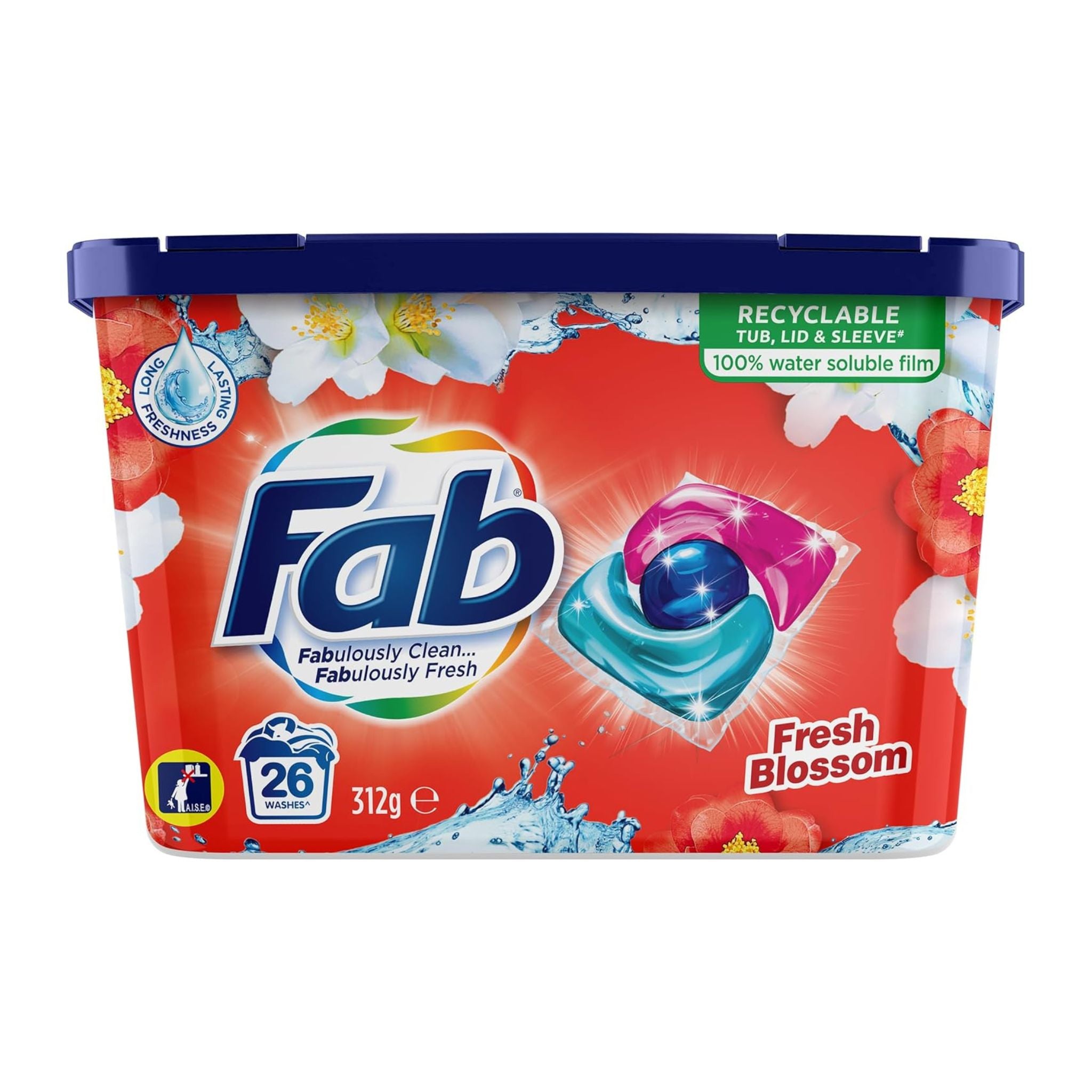 Fab laundry detergent pod container with branding and product details on a white background