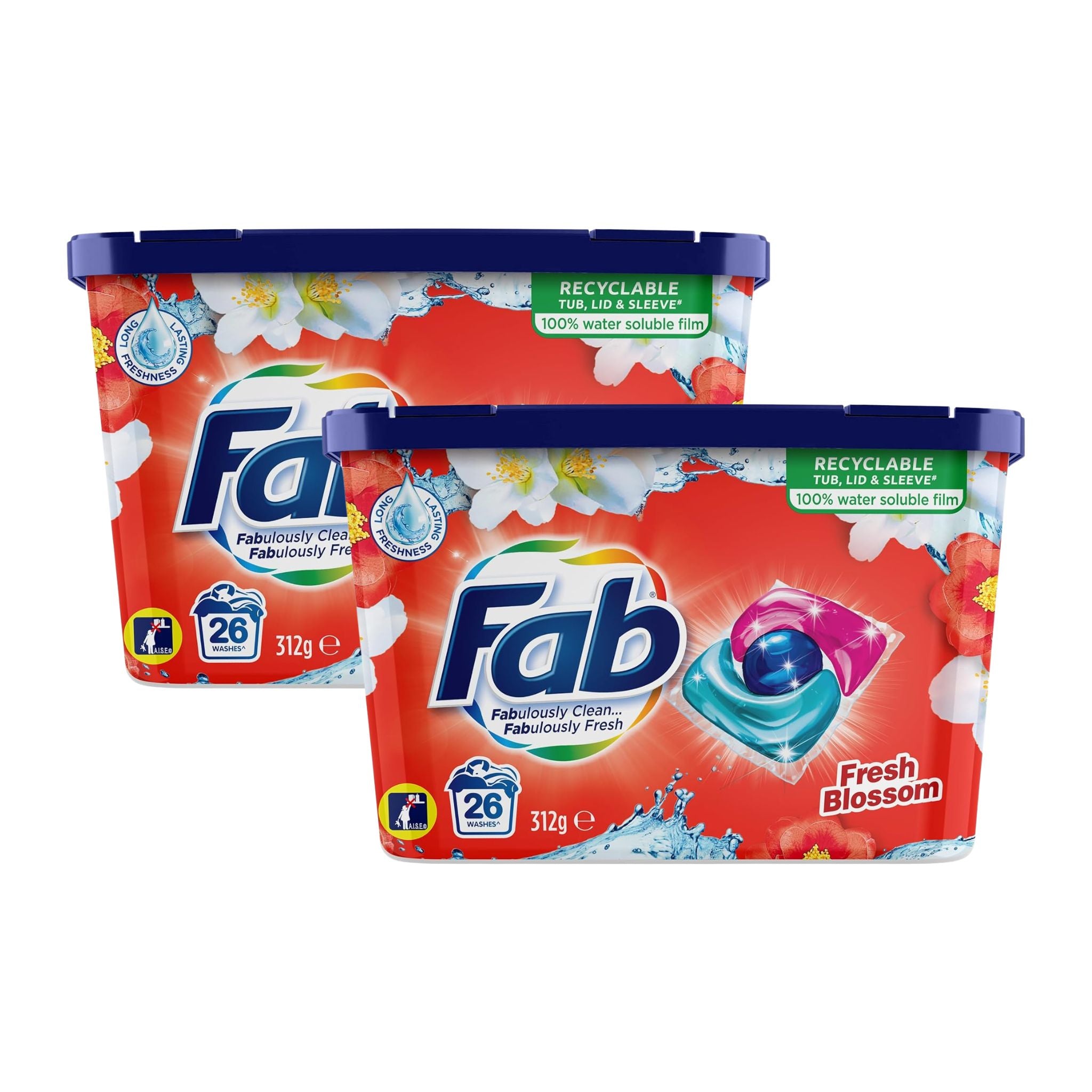 Two packages of Fab laundry detergent with 'Fresh Blossom' scent on a white background