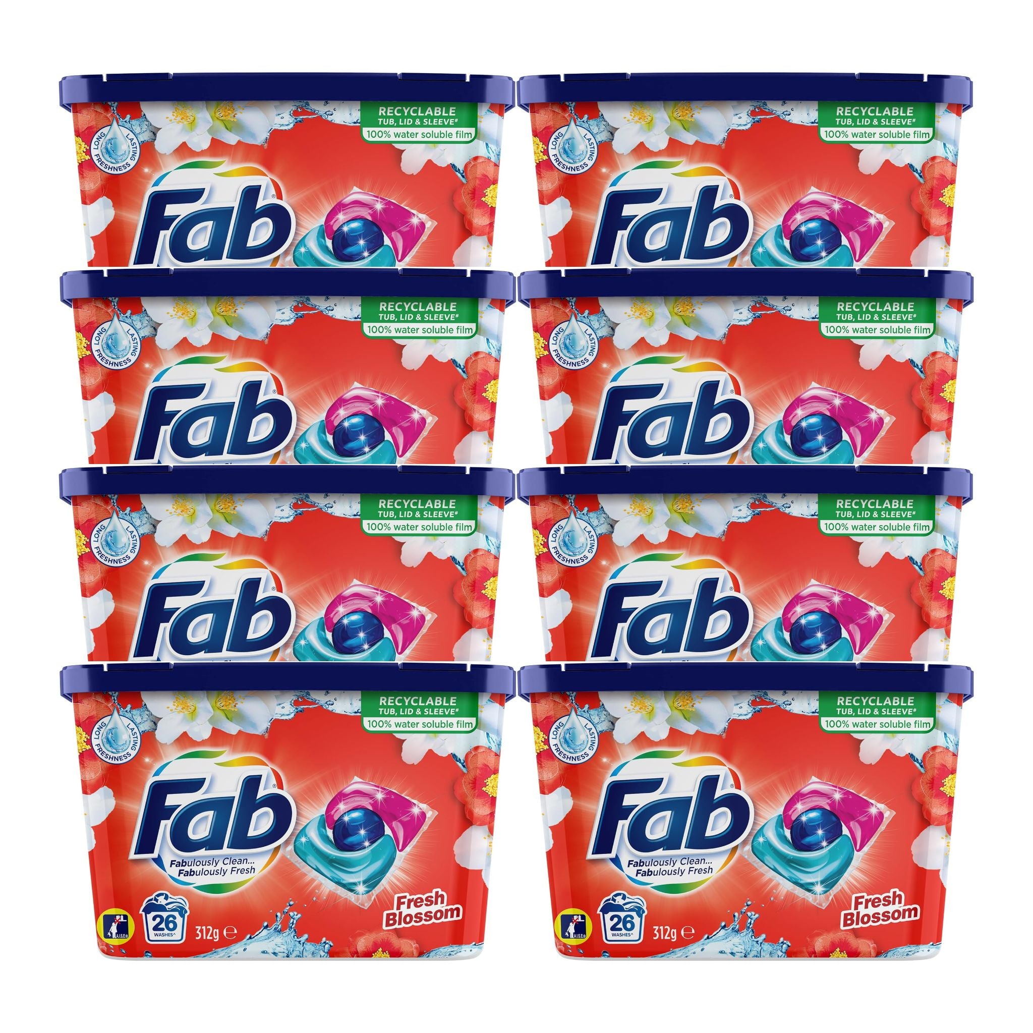 Multiple packs of Fab laundry detergent with colorful packaging on a white background